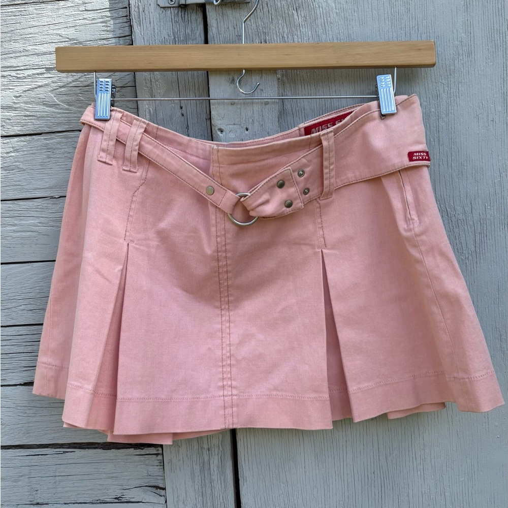 Miss Sixty Baby Pink Pleated Mini Skirt with Silver Hardware Belt